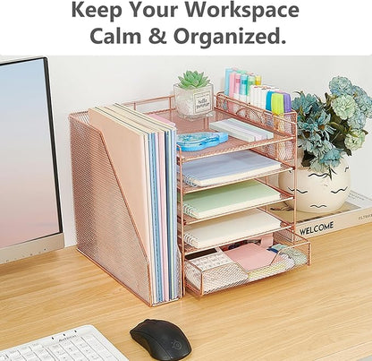 Desk Organizers and Accessories, 5-Tier Paper Letter Tray Organizer with File Holder, Drawer & Pen Holder, Office Desk Accessories, Desktop Organizer for Classroom Office Supplies, Rose Gold