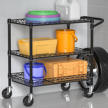 Folews Heavy Duty Rolling Cart with Wheels, 3 Tier Commercial Grade Utility Cart, Metal Kitchen Storage Trolley with Handle Bar & Shelf Liner for Food Service Tool, Black