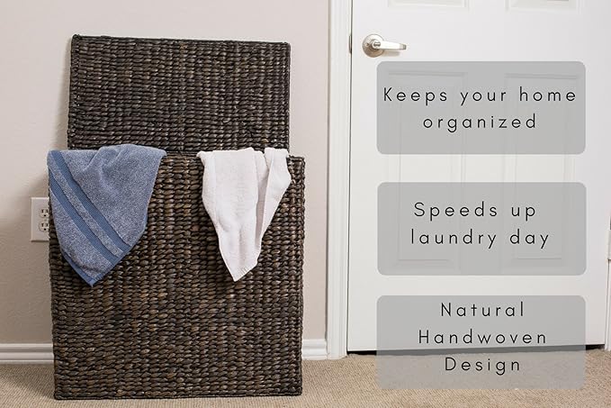BirdRock Home Water Hyacinth Laundry Hamper Divided Interior (Espresso) | Eco-Friendly | Made of Hand Woven Hyacinth Fibers | Includes Two Removable Cotton Liners Bag | Wicker Laundry Basket with Lid