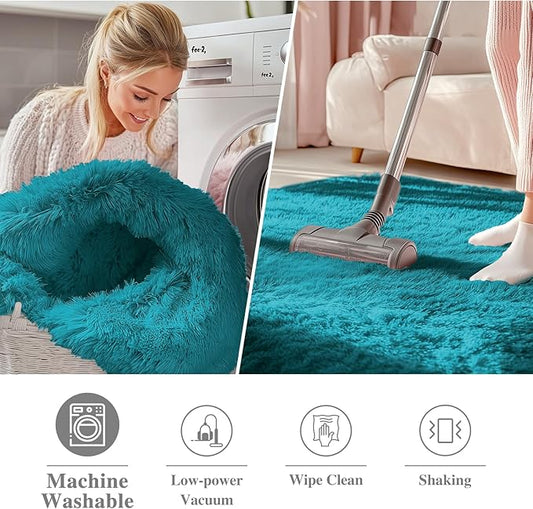 OLANLY Teal Round Rugs for Bedroom - Machine Washable, 2 ft Circle Area Rugs for Living Room, Soft and Fluffy Shaggy Carpet for Teen Girl and Boys, Nursery Rooms, Dorms, Home Decor Aesthetic