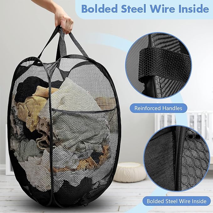 DUCOO Pop Up Laundry Hamper, 70L Collapsible Mesh Laundry Basket with Side Pocket, Foldable Dirty Clothes Hamper with Sturdy Reinforced Handles for Home Dorm Bedroom Travel Bathroom Storage, Black