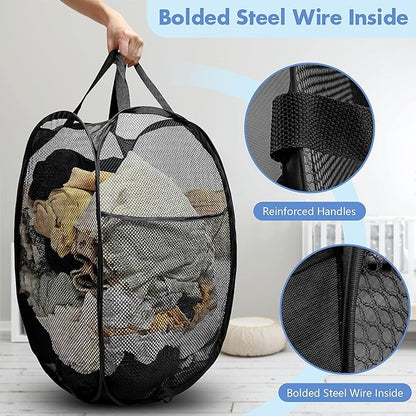 DUCOO Pop Up Laundry Hamper, 70L Collapsible Mesh Laundry Basket with Side Pocket, Foldable Dirty Clothes Hamper with Sturdy Reinforced Handles for Home Dorm Bedroom Travel Bathroom Storage, Black