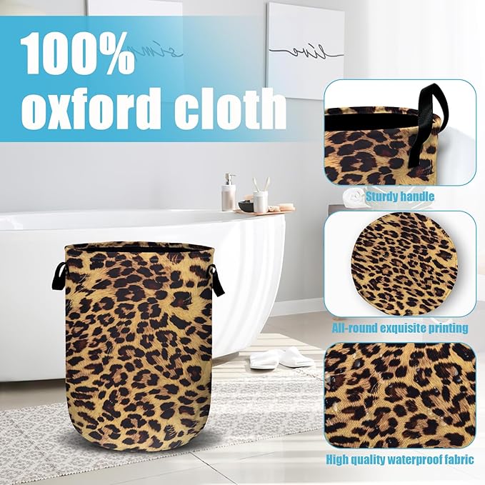 Brown Leopard Laundry Basket, Laundry Hamper Collapsible Oxford Cloth with Handle Clothes Toy Storage Bin for Bathroom Laundry Room Bedroom 15.7 X 20 Inch