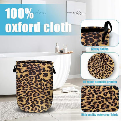 Brown Leopard Laundry Basket, Laundry Hamper Collapsible Oxford Cloth with Handle Clothes Toy Storage Bin for Bathroom Laundry Room Bedroom 15.7 X 20 Inch