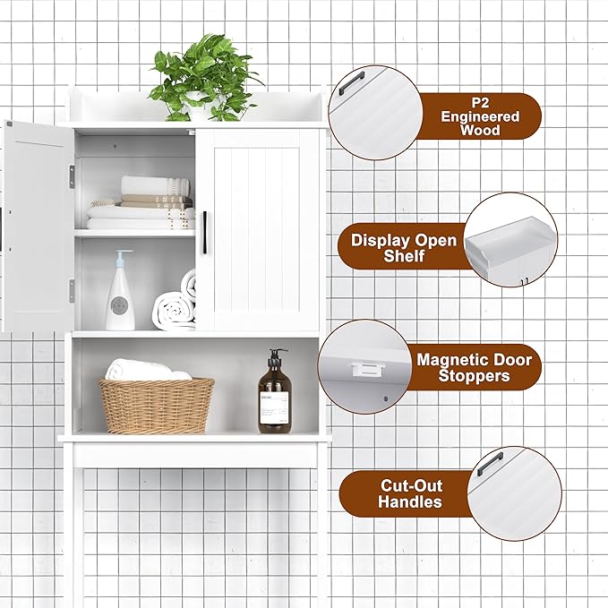VEIKOU Over The Toilet Storage Cabinet, Bathroom Cabinet, Freestanding Over The Toilet Storage/Adjustable Shelf Rack, White