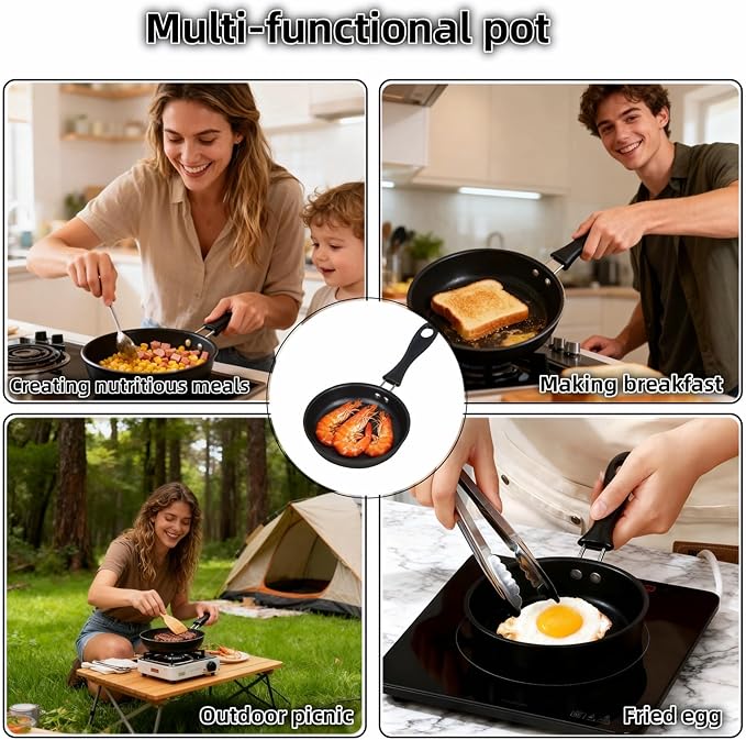 4.7 Inch Mini Frying Pan, Black Non-Stick Egg Pan with Hanging Hole, Flat Bottom Design for Gas, Induction, Electric Stove, Perfect for Single Serve Breakfast, Omelets & Camping, RV Use (Black)
