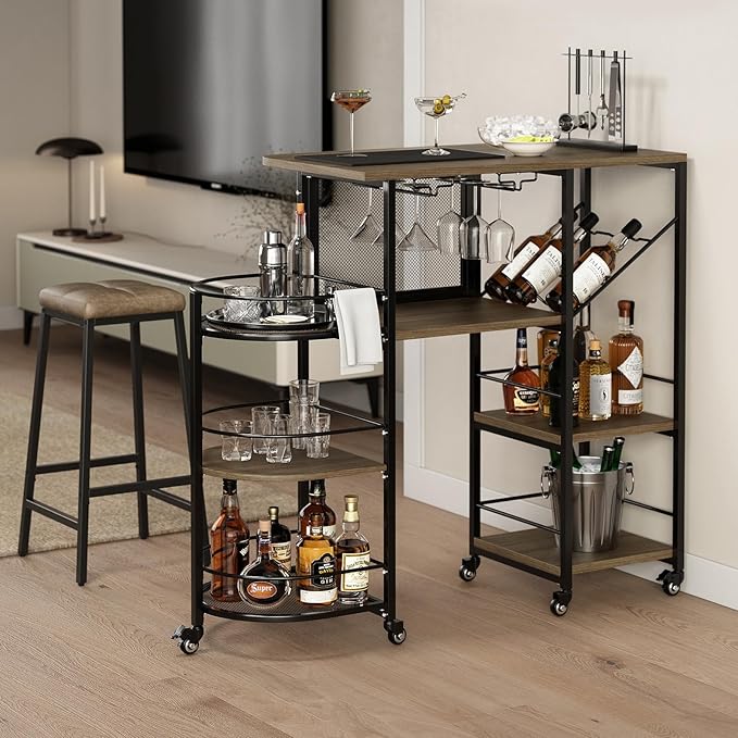 Bar Cart, Home Bar Service Cart with Wine Rack and Glass Holder, Kitchen Cart with Rolling Wheels, Metal Bar Rack with 7 Tiers Storage for Home, Kitchen, Living Room, Dining Room (Brown)