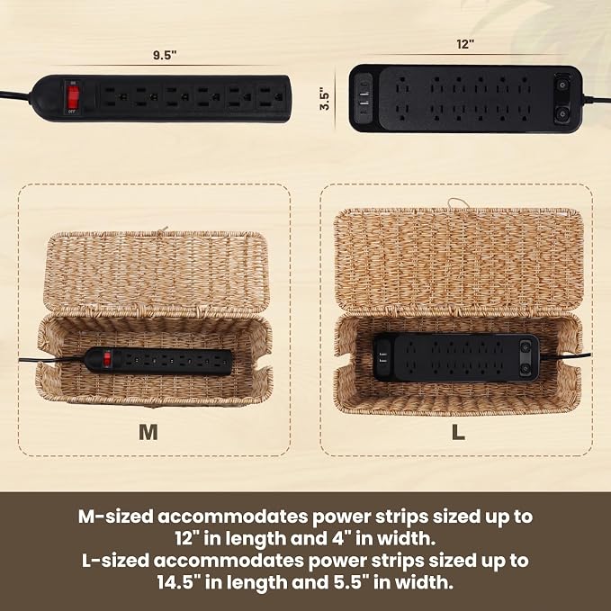 BROWNLILY Cable Management Box, Rattan Style Cord Organizer for Desk Cord Hider Outlet Covers for Power Strip TV PC Router Charger Under Desk Storage with Lockable Lid and Cable Ties
