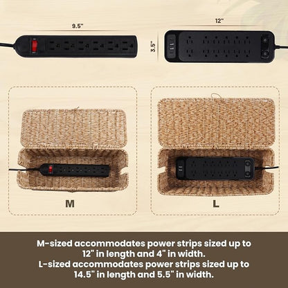 BROWNLILY Cable Management Box, Rattan Style Cord Organizer for Desk Cord Hider Outlet Covers for Power Strip TV PC Router Charger Under Desk Storage with Lockable Lid and Cable Ties