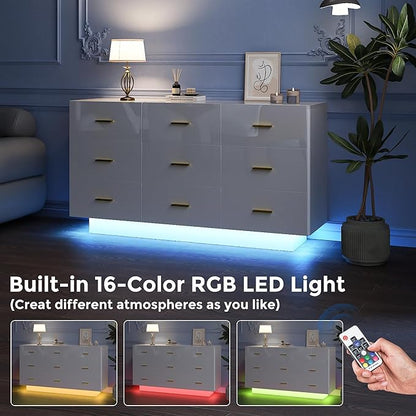 9 Drawer Dresser for Bedroom, 55'' W Highly Reflective Modern Chest of Drawers with LED Light, Wooden Dresser Organizer Cabinet for Living Room, Entryway (White)