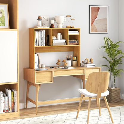 LDAILY Desktop Bookshelf, 2-Tier Office Desk Shelf Organizer with 4 Shelves, 37’’L Wood Storage Rack Display Shelf for Computer Desk, Office, Dorm, Bedroom (Burlywood)