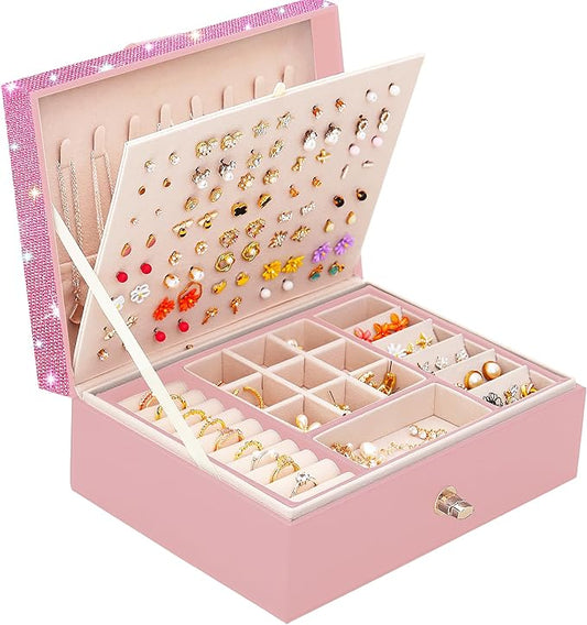 QBestry Jewelry Box for Earrings for Girls Jewelry Organizer Box Earring Holder Organizer for Girl Earring Box Jewelry Box Stud Earring Organizer for Girls Earring Jewelry Boxes for Women Pink Bling