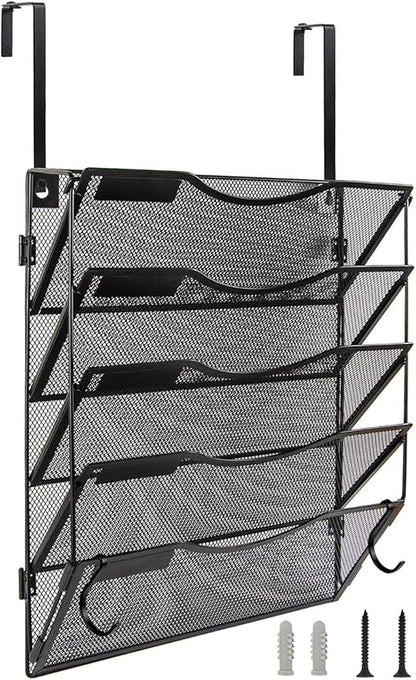 Wall File Organizer 5 Pockets, Mail Organizer, Hanging Folder Holder, Foldable | Hanging or Wall Mounted | Label Panel | 2 Hooks | Office Home School Organizer, Black