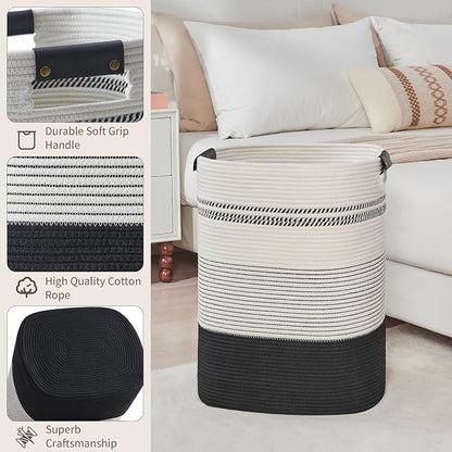 AINUOQI Laundry Basket with Handles - Blanket Basket & Hampers for Bedroom Aesthetic, Laundry Hamper & Blanket Storage for Living Room, Clothes Hamper, Tall, Large 17" x 14" x 22”, Black & White