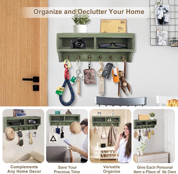 Key Holder Wall Mount - Mail Organizer Wall Mount with 6 Key Hooks and Storage Box for Sunglasses Storage and Dog Leash Holder Home Decor Rack Apartment Farmhouse Shelf Entryway Organizer (Green)