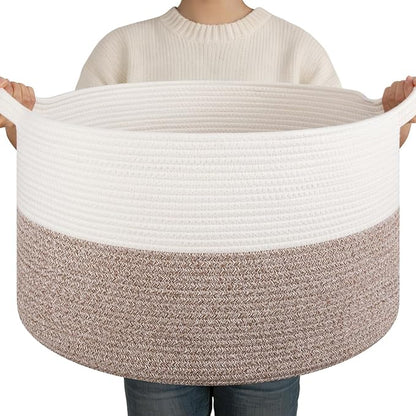OIAHOMY Large Blanket Basket for Living Room, 19.7" x 12.6" Woven Cotton Rope Laundry Basket for Organizing Pillows, Decorative Stuffed Animal Toy Storage for Nursery, White and Linen Brown