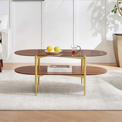 Oval Glass Coffee Table, Mid-Century Modern Design, L42*W22*H17 inch, for Living Room, Amber Glass Top and Walnut Finish Wood Shelf, Conical Metal Legs with Gold Finish
