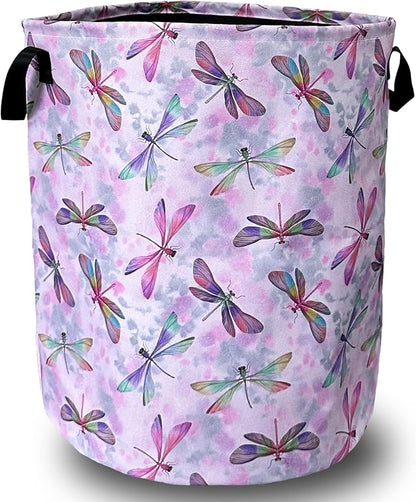 Watercolor Dragonfly Laundry Basket Foldable With Handles Tote Bag Oxford Cloth Colorful Laundry Hamper Clothes Storage Bucket Toy Organizer 18.9"x16.5" For Bathroom/Laundry/Bedroom
