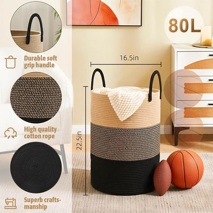 Artfeel Laundry Basket,Woven Cotton Rope Laundry Hamper,80L for Decorative Storage of Dirty Clothes,Toys and Blankets in Bathroom,Bedroom and Living Room