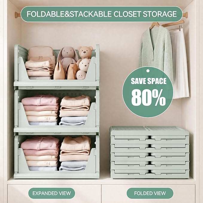 Pinkpum Green Boy Closet Organizers and Storage Stackable Plastic Drawer Basket for Clothing Stackable Storage Bins Shelf Storage Container for Rv Closet Wardrobe Bedroom Bathroom Playroom Man 6 Pack