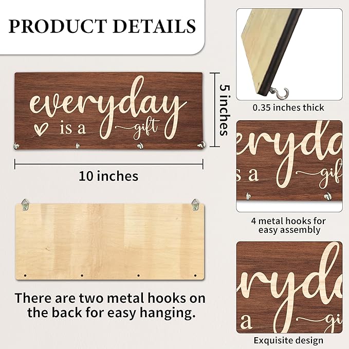 Everyday is A Gift Wooden Key Holder for Wall - 5"x10" Key Organizer Hanger with 4 Hooks for Home Front Door Hallway Entryway Kitchen - Home Office Decor & Housewarming Gifts Supplies - A04