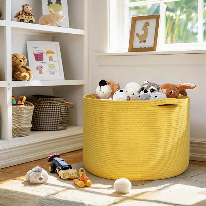 MEGASKET Extra Large 115L Yellow Basket, 23.6" x15.7 Cotton Rope Yellow Decor for Living Room Bedroom, Woven Basket for Blanket, Laundry, Towel, Shoe, Kids Toy Box Organizer, Room Decor Storage Bin