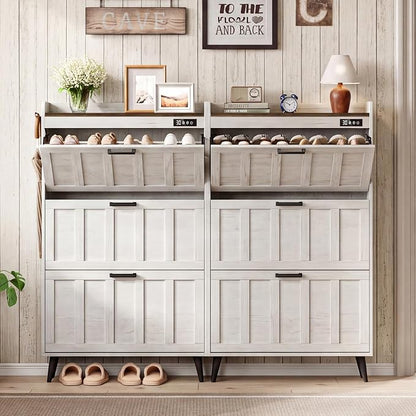 ChooChoo Shoe Storage Cabinet with 3 Flip Drawers, Deodorizing Shoe Organizer Storage for Entryway, Freestanding Hidden Slim Narrow Shoe Rack Cabinet, Antique White & Brown