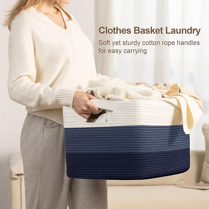 86L Extra Large Laundry Basket with Leather Handles for Living Room Storage, Woven Rope Baskets for Blanket, Kids Toy, Gifts, Wicker Hamper for Bedroom Dirty Clothes, 24"x16"x14" Gradient Blue