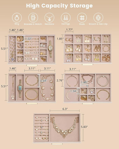 Lolalet Jewelry Box Organizer, 5-Layer Jewelry Organizers and Storage Case with Glass Lid, Ring Earring Bracelet Necklace Holder Organizer, Birthday Valentine Gifts for Women Girls -5Layer, Beige