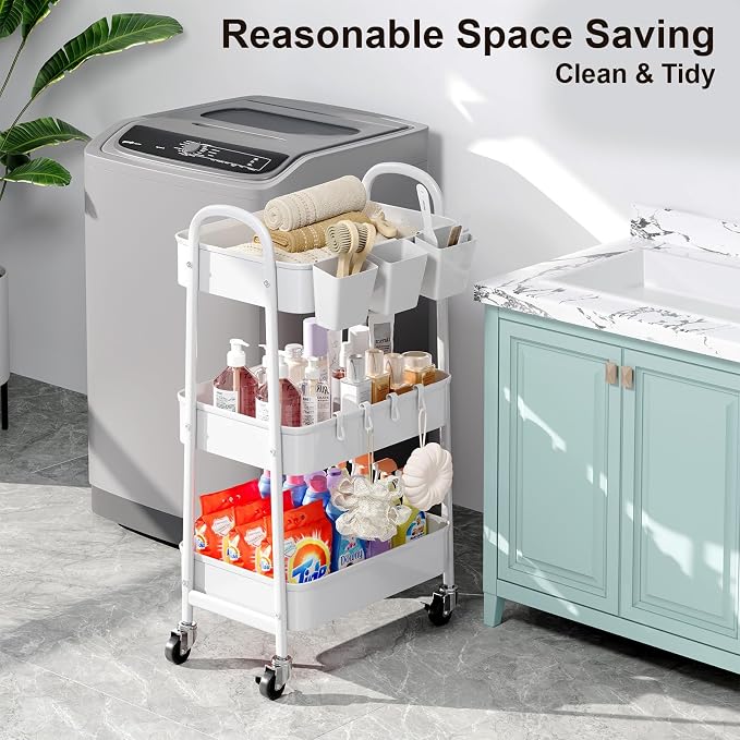 3 Tier Heavy Duty White Metal Rolling Cart with Lockable Wheels, Three Tier Roller Book Snack Cart, Utility Storage Organizer Carts for Kitchen, Bathroom, Garage, Baby Diaper, Craft, Art, Teacher