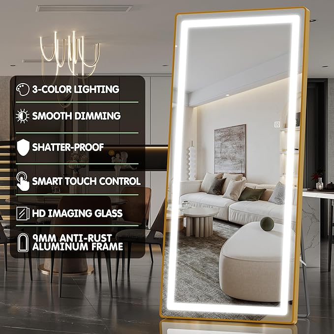 FENNIO Full Length Mirror with Lights, 80" x 36" LED Full Body Mirror, Wall Mounted Hanging Mirror with Lights for Bedroom, Salon, Dimmable & 3 Color Lighting, Tempered Glass