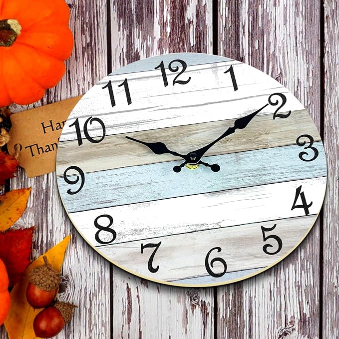 CHYLIN Wall Clock - 18 Inch Silent Non Ticking Wall Clocks Battery Operated, Wooden Rustic Farmhouse Larger Clock Decorative for Living Room, Kitchen (Blue)