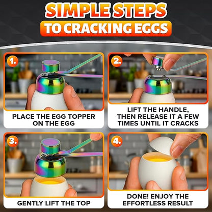 Egg Cracker Tool for Raw Eggs — Egg Shell Opener for Soft-Boiled Shell Tops, Stainless Steel Topper with Ergonomic Adjustable Effort — Clean Cut Design for Breakfast Prep, Custards, & Baking (Rainbow)
