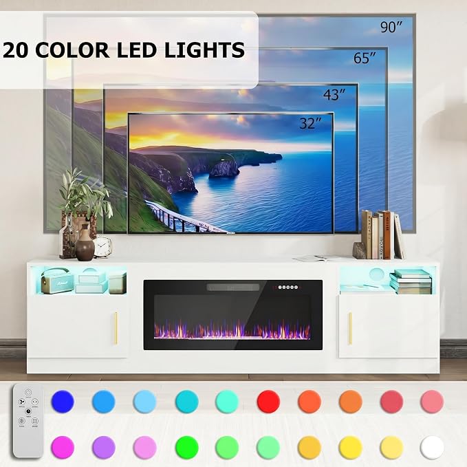 PRETZI Fireplace TV Stand with 36" Fireplace Up to 90" TVs, 80" Entertainment Center with LED Lights, Remote Control, TV Media Console with Storage Cabinets for Living Room, White