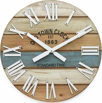 Oldtown Clocks 18" Wooden Multi-Color Maritime Coastal Beach Large Roman Wall Clock (Blue, 18 inch)