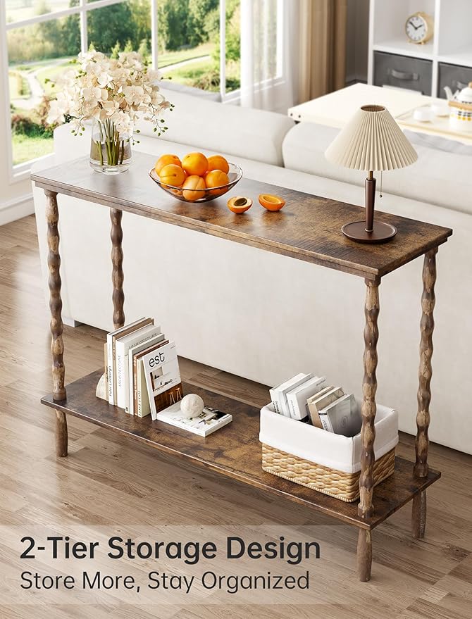 NiHome Wood Console Table with Carved Solid Wood Legs, 39.4"x11.8"x31.5" Matte Fingerprint-Resistant Finish, 2-Tier Narrow Table for Entryway, Hallway, Living Room, Foyer, Easy Tool-Free Assembly