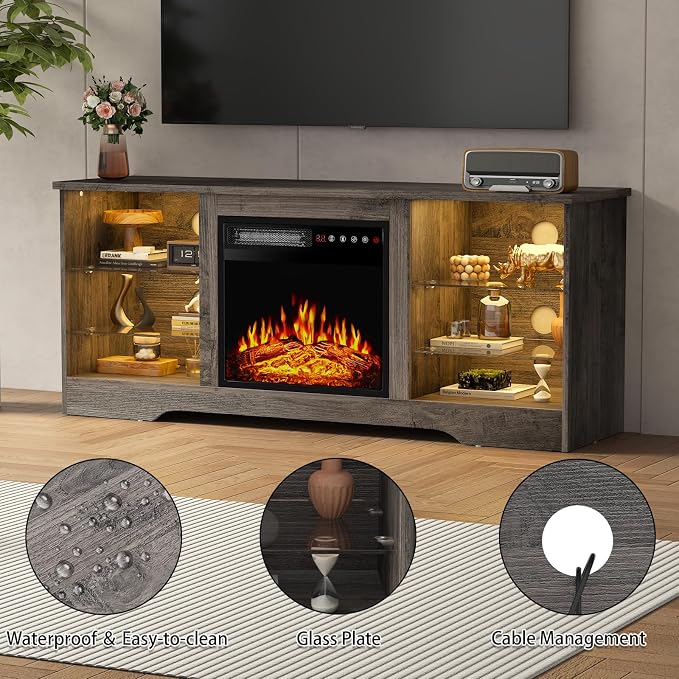 PRETZI Fireplace TV Stand with 18" Fireplace Up to 65" TVs, 58" Entertainment Center with LED Lights, TV Media Console with Adjustable Glass Shelves and Storage Cabinets for Living Room, Grey
