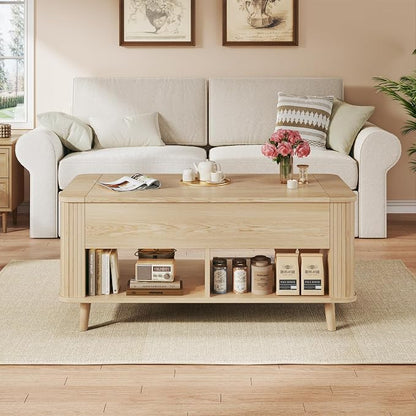 Lift Top Coffee Table with Storage, 41" Mid Century Modern Coffee Table with Fluted & Curved Profile Design, Hidden Storage Compartment, Lower Shelf Center Table for Living Room Office, Oak