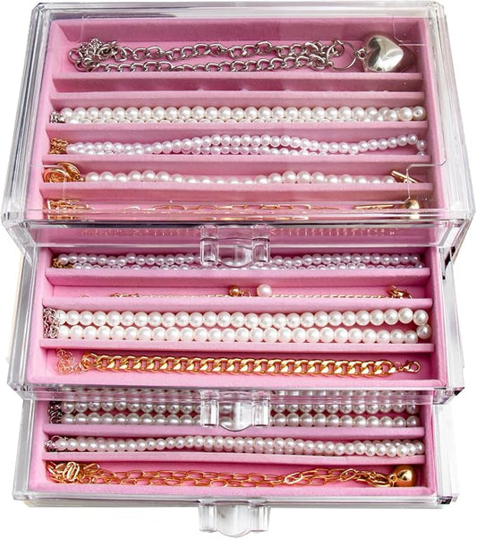 YUFONG Necklace Holder Organizer, Dustproof Necklace Box Velvet Necklace Organizer Box with Lid Clear Acrylic Dustproof Stackable Jewelry Displays for Necklaces Chain Display (Pink, 3 Drawer)