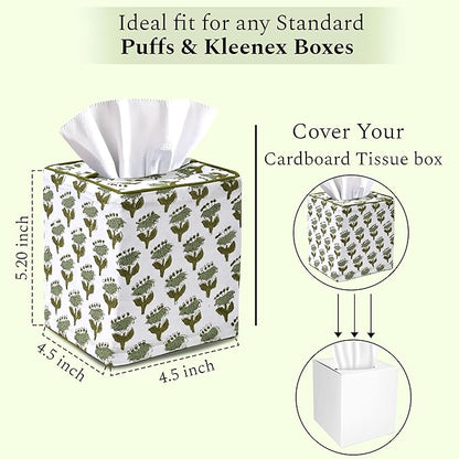 CPC Emerald Green Hand Block Printed Cotton Tissue Box Cover 5" x 5" x 5.5" Square Soft Reusable Boho Napkin Holder for Home Kitchen Dining Bathroom Office Cafe Spa Summer Thanksgiving