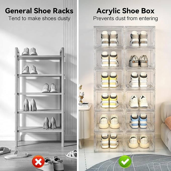 BVBOX Acrylic Shoe Storage Boxes with Magnetic Door - 360° Clear Stackable Shoe Display Box Set, Plastic Shoe Cabinet Rack Box for Sneakers Heels Shoes (1, Clear, L - Front Open)