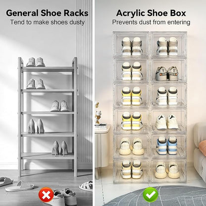 BVBOX Acrylic Shoe Storage Boxes with Magnetic Door - 360° Clear Stackable Shoe Display Box Set, Plastic Shoe Cabinet Rack Box for Sneakers Heels Shoes (1, Clear, L - Front Open)