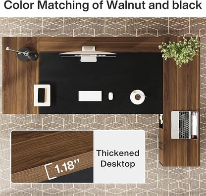 Tribesigns 78" L-Shaped Executive Desk, Large Modern Office Desk with Drawers and File Cabinet, Business Furniture with Storage Shelves, Big Computer Desk for Home Office (Light Walnut + Black)