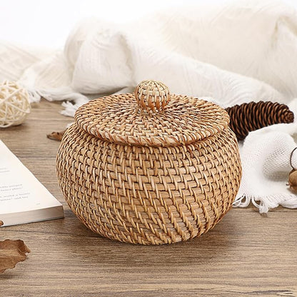 Hipiwe Round Rattan Basket Boxes With Lid Hand-Woven Wicker Storage Baskets Bin Decorative Basket Box Multi-Purpose Picnic Food Bread Basket Small Keys Basket Bowl for Entryway (X-Small,4.7"x3.3")