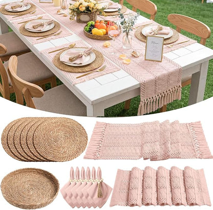 6 Sets Boho Decoration Placemats Round Woven Placemats, Cloth Napkins, Wood Bead Napkin Rings, Long Table Runner and Farmhouse Burlap Cotton for Table Kitchen (Pink,12x72)