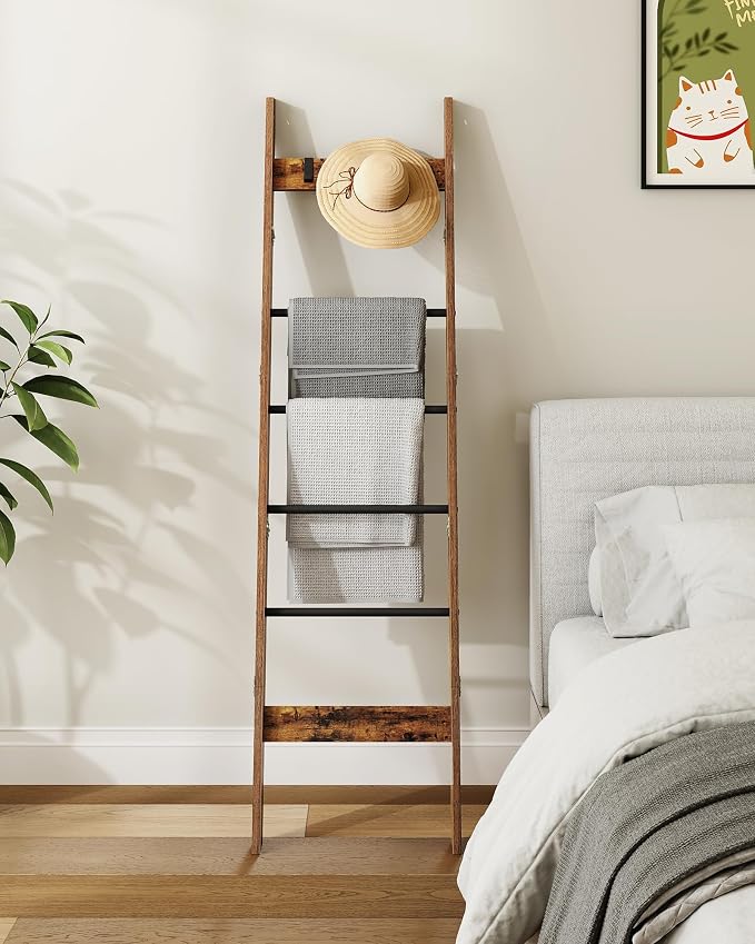 Hzuaneri Blanket Ladder for Living Room, Decorative Quilt Rack with 4 Removable Hooks, 5-Tier Farmhouse Ladder Holder Shelf Organizer for Bedroom, Rustic Brown and Black BR31501B