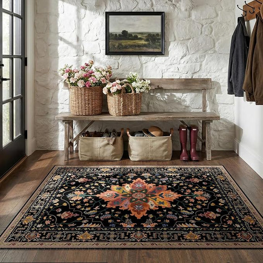 RELEANY Area Rugs 4'x5' Washable Non-Slip, Floral Vintage Distress Medallion Carpet for Living Room Bedroom Dining Room, Black Colorful Floral Dark Tan