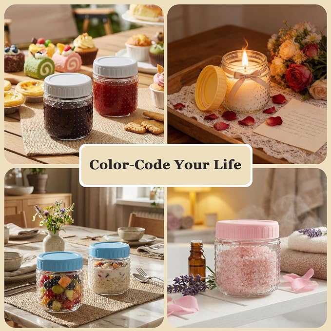 CycleMore 8oz - 8 Pack Mason Jars, Hobnail Design Canning Jars with Silver Metal & Colorful Plastic Lids, Glass Storage Jars for for Storing, Jam, Pickling, Crafts, Home Decor & DIY Gifts