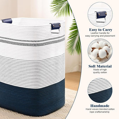 Degeyoyo Laundry Hamper, 95L Tall Laundry Basket with Leather Handles, Rectangle Large Clothes Hamper for Organizing, Cotton Woven Laundry Baskets Storage Hampers for Bedroom, Nursery, Living Room