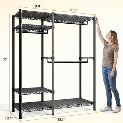 Raybee Portable Closet 780LBS, Heavy Duty Clothes Rack, Freestanding Clothing Rack with 3 Hanging Rods & 6 Shelves, Adjustable Wardrobe Closet Organizer System, Black
